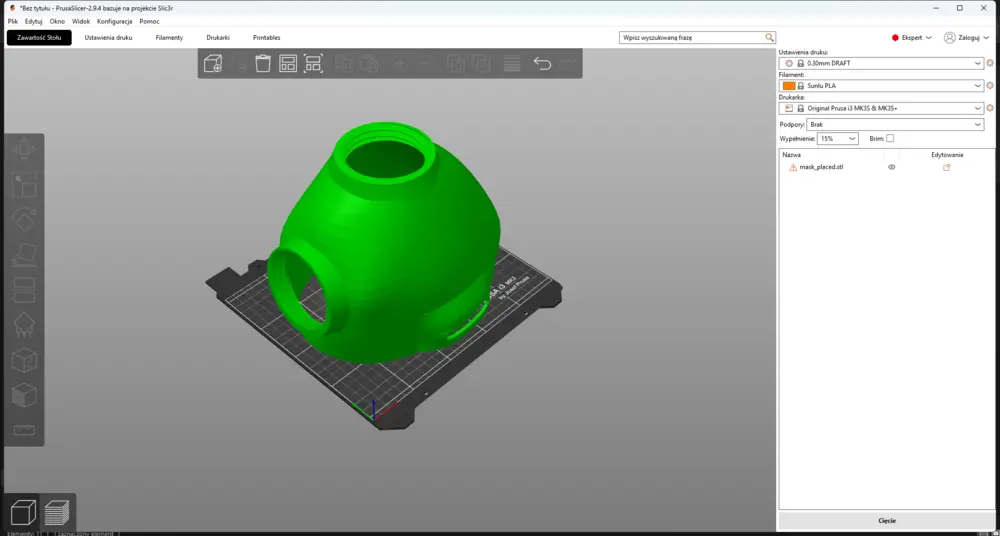 3D render of the mask in slicing software