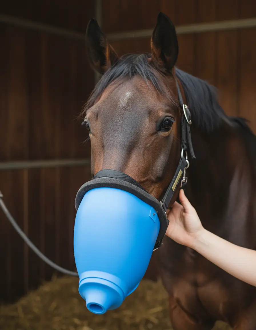 3D-printed inhalation mask fitted on a horse's head